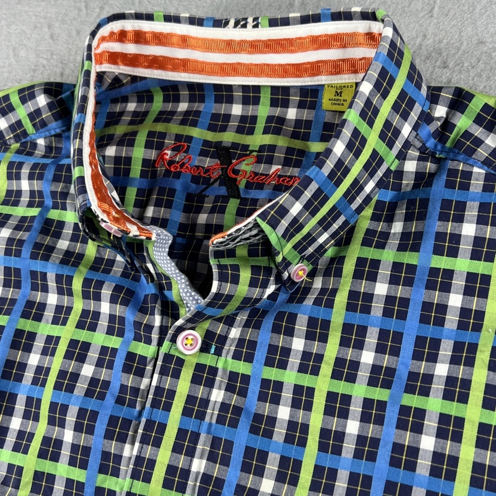 Robert Graham X Flip Cuff Tailored Fit Blue Plaid Button Down Shirt Men Size Med